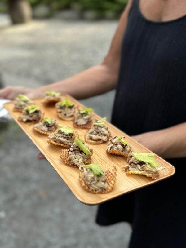 Chicken gofres passed appetizer at the Mad River Barn Wedding Venue